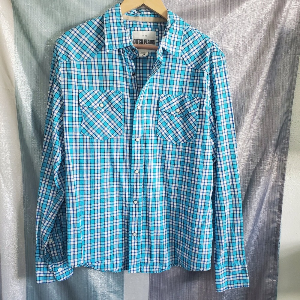 Ditch Plains Mens Turquoise Plaid Long Sleeve Western Snap Pocket Cotton Shirt L